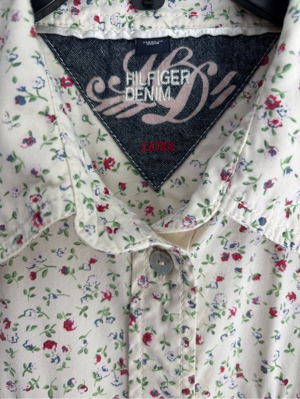HILFIGER Denim Blue Red & White Vintage Floral Western Style Button Down Shirt L - Picture 7 of 12